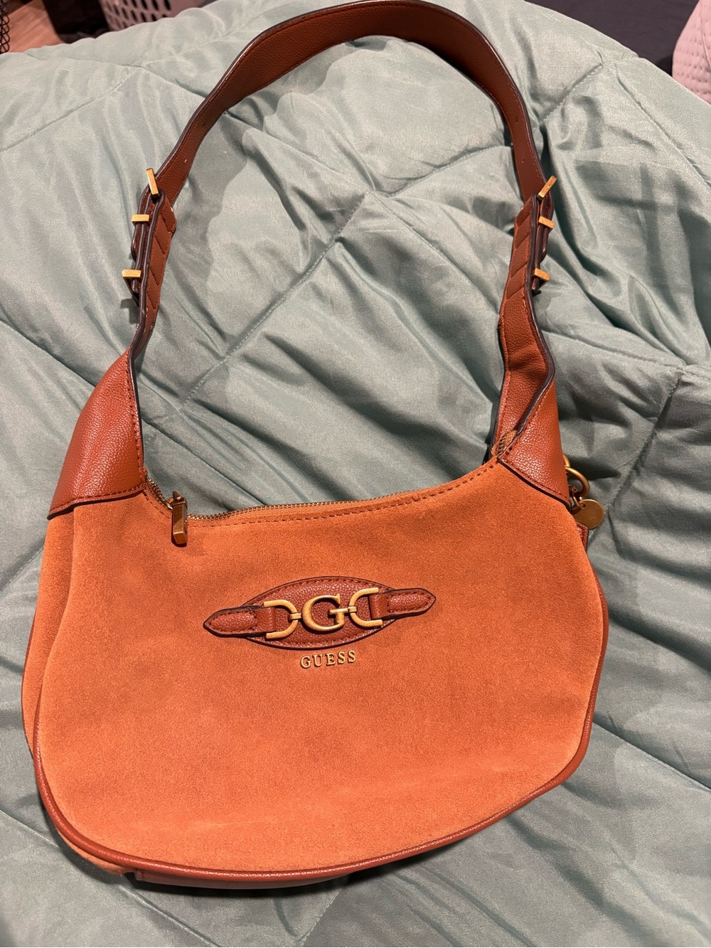 GUESS Tan Suede and Leather Shoulder Bag with Gold Hardware